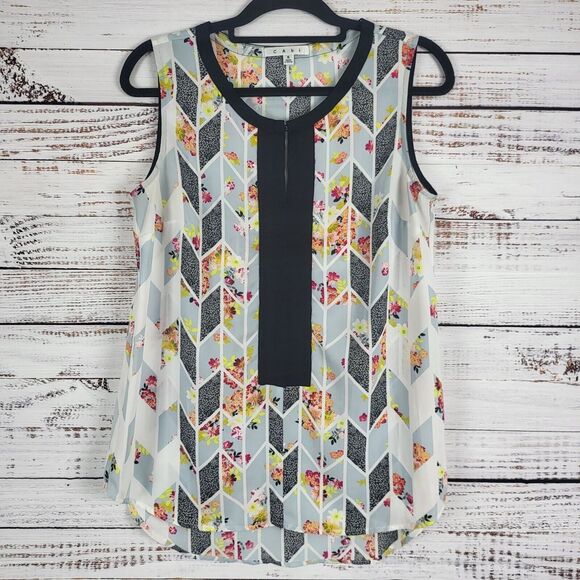 Cabi Tank Blouse S Womens Multicolor Floral Key Hole Front Crew Neck Pullover - Picture 1 of 11